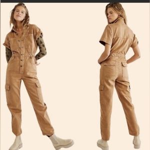We The Free People Marci Utility Coverall Jumpsuit Denim Short Sleeve Cargo